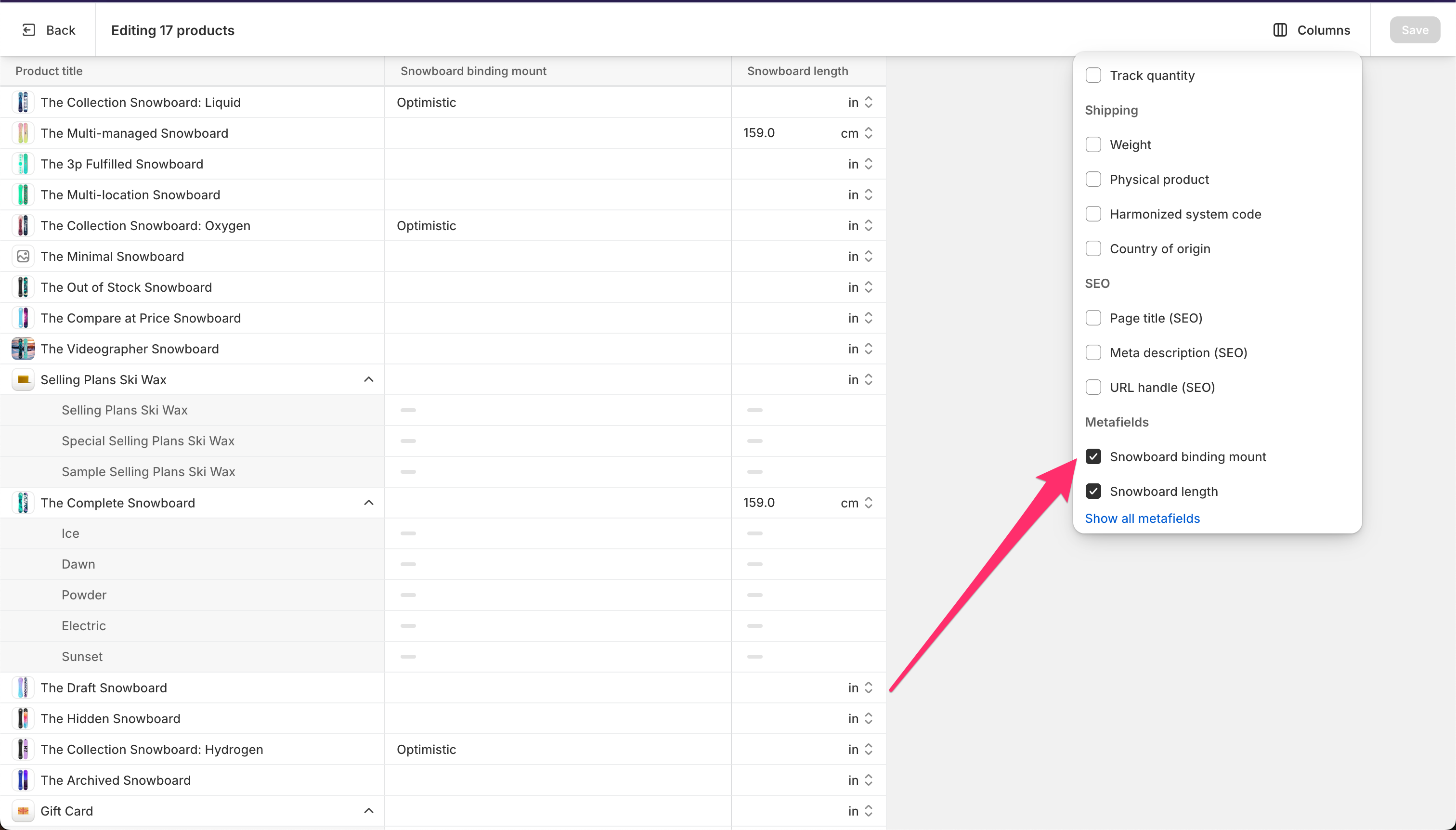 enable metafield columns